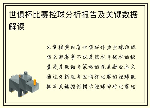 世俱杯比赛控球分析报告及关键数据解读
